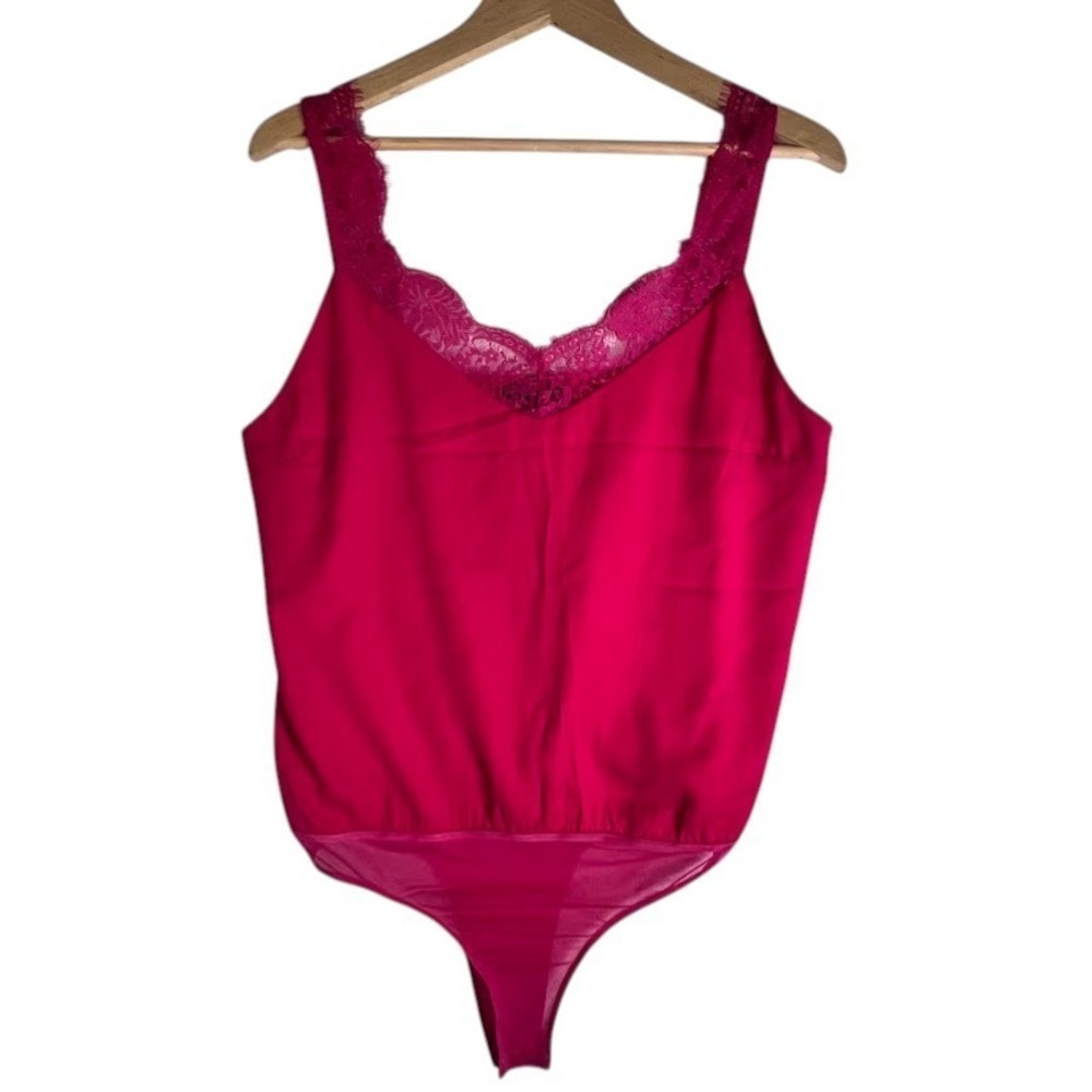 Hot Pink Lace Trim Bodysuit XL Satin Look Lingerie Style V Neck Going Out Top